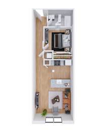A top-down view of a small apartment with a kitchen, living room, and bathroom.