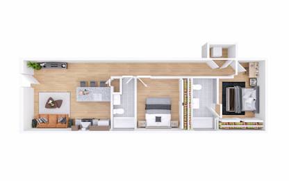 A top-down view of a small apartment with a kitchen, living room, and bedroom.