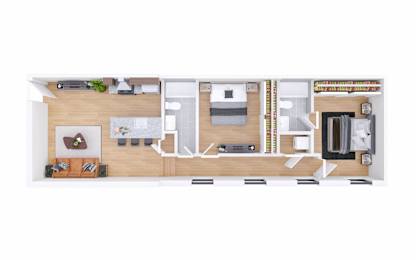 A floor plan of a house with a kitchen, living room, and bathroom.
