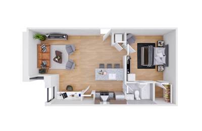 A top-down view of a modern, minimalist living space with a kitchen area.
