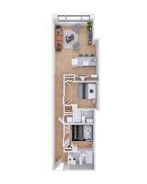 A floor plan of a two-bedroom apartment with a living room, kitchen, and bathroom.