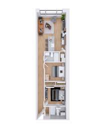 A floor plan of a small apartment with a kitchen, living room, and bedroom.