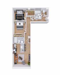 A top down view of a small apartment with a kitchen, living room, and bedroom.