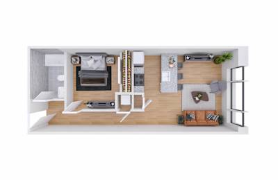 A top-down view of a modern living room with a kitchen area.