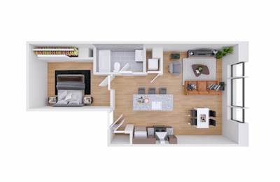 A 3D rendered image of a modern apartment layout.