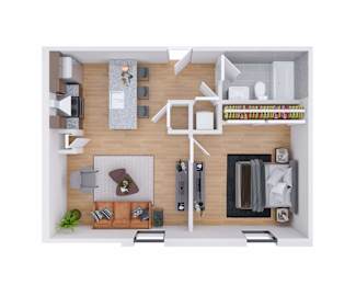 A top-down view of a modern apartment layout.