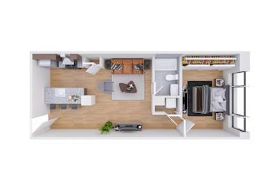A 3D floor plan of a modern apartment layout.