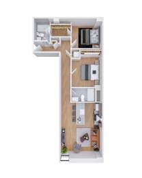 A top down view of a house layout with a kitchen, living room, and bedrooms.