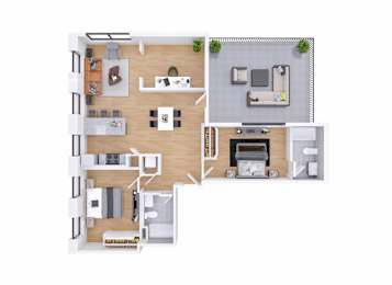 A floor plan of a house with a kitchen, living room, and two bedrooms.