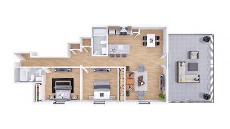 A top-down view of a house layout with a living room, kitchen, and two bedrooms.