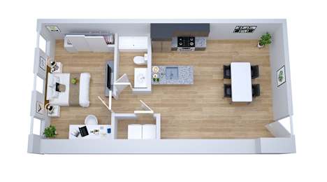 A top-down view of a modern living room with a kitchen area.