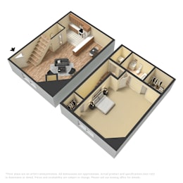 A 3D floor plan of a house with a kitchen, living room, and two bedrooms.