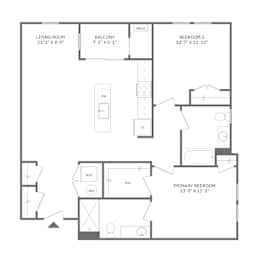 A black and white image of a floor plan for a home with a living room, balcony, and two bedrooms.