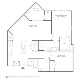 A floor plan of a home with a living room, two bedrooms, a balcony, and a mech.