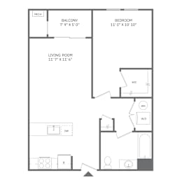 A floor plan of a small apartment with a living room, bedroom, and balcony.