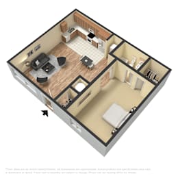 A 3D floor plan of a house with a kitchen, living room, dining room, and bathroom.
