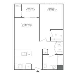 A floor plan of an apartment with a living room, bedroom, and balcony.