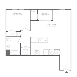 A floor plan of a home with a bedroom, living room, and balcony.