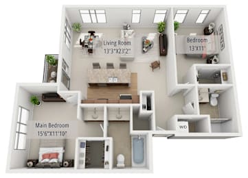 A 3D floor plan of a home with a living room, two bedrooms, and a main bedroom.
