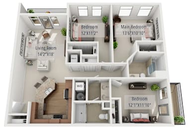 A 3D floor plan of a small apartment with a living room, two bedrooms, and a kitchen.