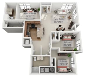 A 3D floor plan of a house showing the layout of the rooms.