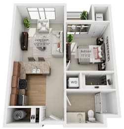 A diagram shows a living room, bedroom, and bathroom layout.