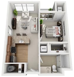 A 3D floor plan of a small apartment with a living room, bedroom, and bathroom.