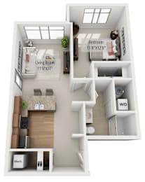 A 3D floor plan of a small apartment with a living room, bedroom, and kitchen.