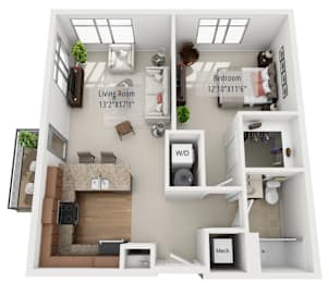 A 3D floor plan of a small apartment with a living room, bedroom, and bathroom.