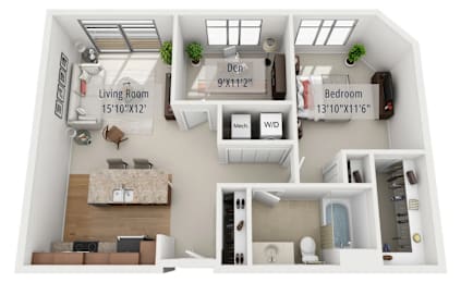 A 3D floor plan of a small apartment with a living room, bedroom, and kitchen.