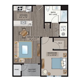A floor plan of a small apartment with a kitchen, bathroom, great room, and bedroom.