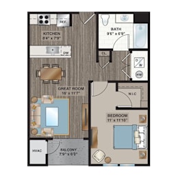 A floor plan of a house showing a kitchen, bathroom, great room, balcony, and bedrooms.