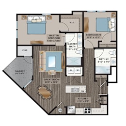 A floor plan of a house with a great room, two master bedrooms, two bathrooms, a kitchen, and a balcony.