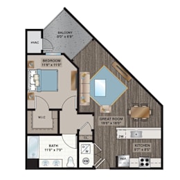 A floor plan of a house with a balcony, bedroom, bathroom, great room, and kitchen.