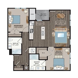 A floor plan of a house with a master bedroom, two bathrooms, a balcony, and a great room.