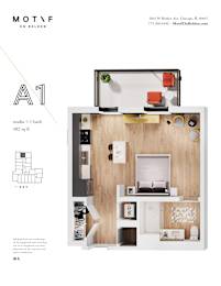 A1 studio apartment layout with a kitchen, living room, and bathroom.
