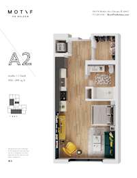 A2 studio apartment layout with a bathroom and kitchen.