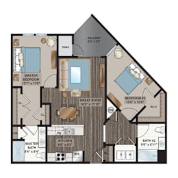 A floor plan of a house with a master bedroom, great room, and two bathrooms.