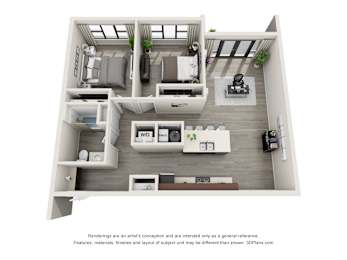 Floor Plan  A 3D floor plan of a small apartment with a kitchen, living room, and bedroom.