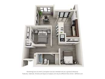 Floor Plan  A 3D floor plan of a small apartment with a kitchen, living room, and bedroom.