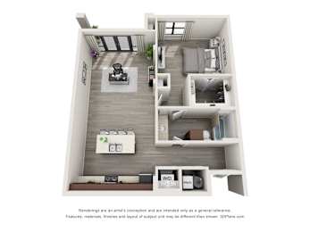 Floor Plan  A 3D floor plan of a small apartment with a kitchen, living room, and bedroom.