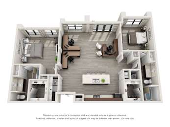 Floor Plan  A 3D floor plan of a small apartment with a kitchen, living room, and two bedrooms.