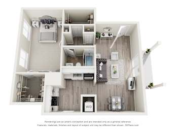 A 3D floor plan of a house with a kitchen, living room, and bathroom.