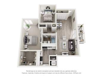 A 3D floor plan of a house with a kitchen, living room, and bedrooms.