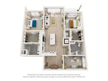 A 3D floor plan of a small apartment with a kitchen, living room, and two bedrooms.