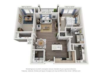 A 3D floor plan of a small apartment with a kitchen, living room, and bedroom.