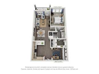 A 3D floor plan of a small apartment with a kitchen, living room, and bathroom.