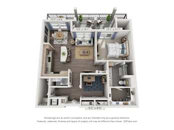 A 3D floor plan of a small apartment with a kitchen, living room, and bedroom.