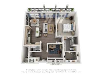 A 3D floor plan of a house with a kitchen, living room, and two bedrooms.