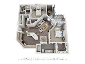 A 3D floor plan of a small apartment with a kitchen, living room, and bedroom.